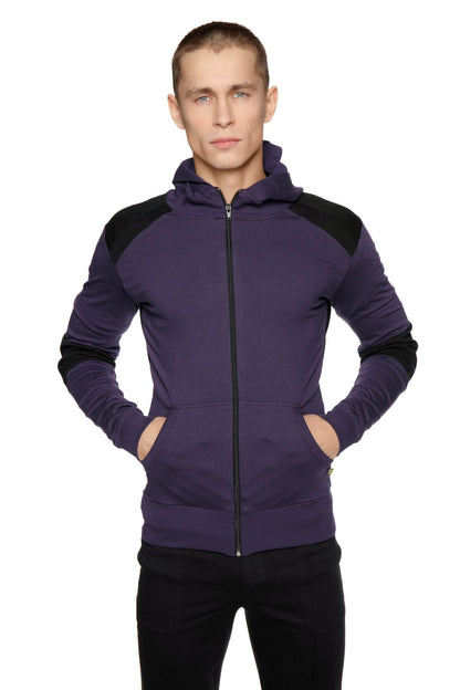 Form-fit crossover yoga track performance hoodie in eggplant and black with contrasting shoulder panels and zip-up front
