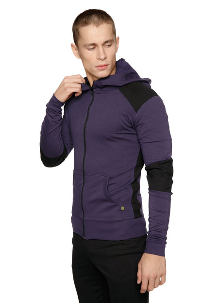 Form-fit crossover yoga track performance hoodie in eggplant and black with contrasting panels on shoulders sleeves and sides