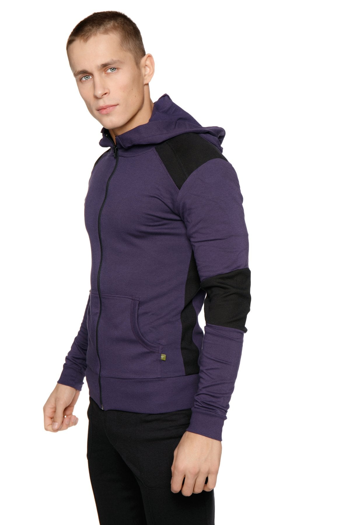Form-fit crossover yoga track performance hoodie in eggplant and black with zip-up and contrasting shoulder panels