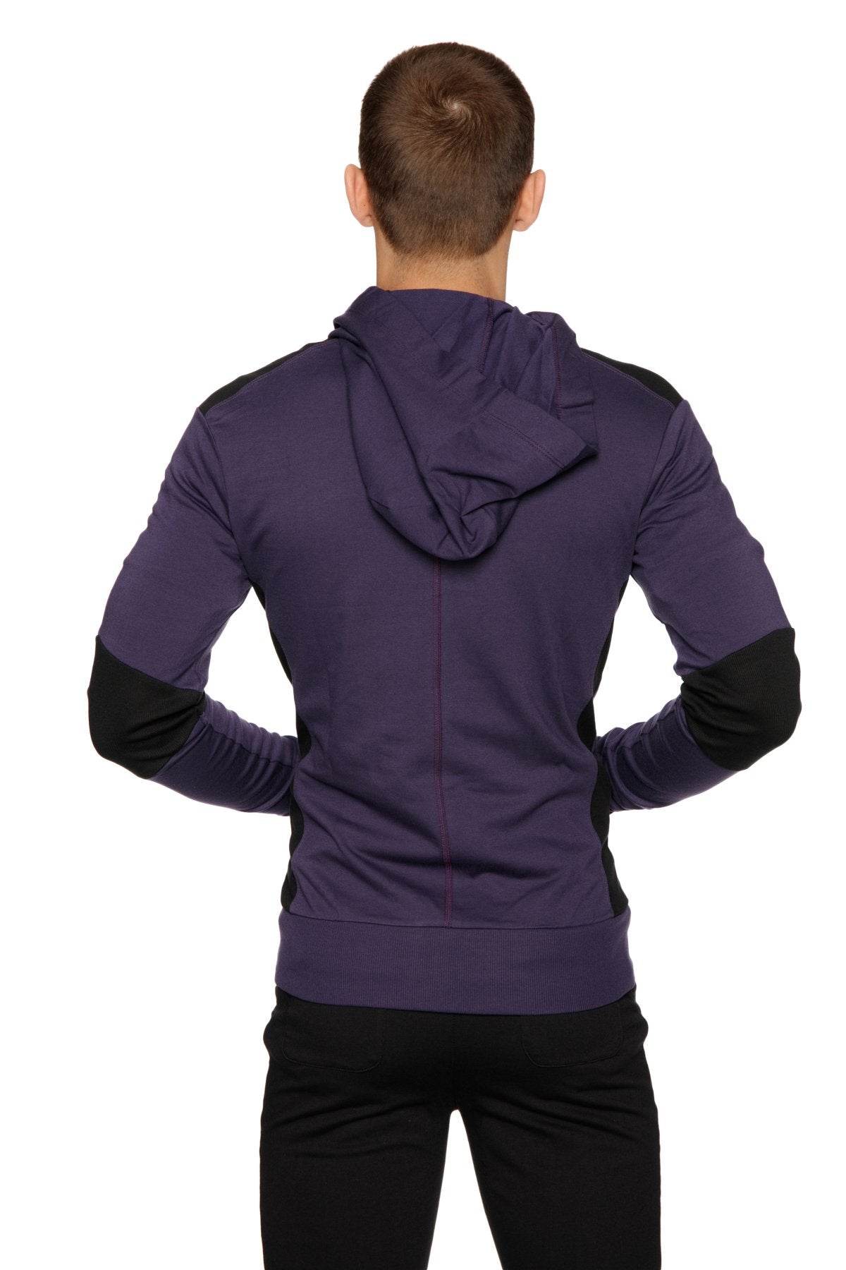 Form-fit crossover yoga track performance hoodie in eggplant and black with zip-up front and contrasting sleeve panels