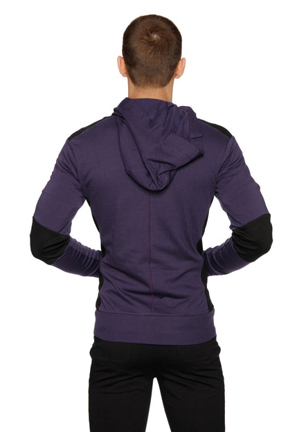 Form-fit crossover yoga track performance hoodie in eggplant and black with zip-up front and contrasting sleeve panels