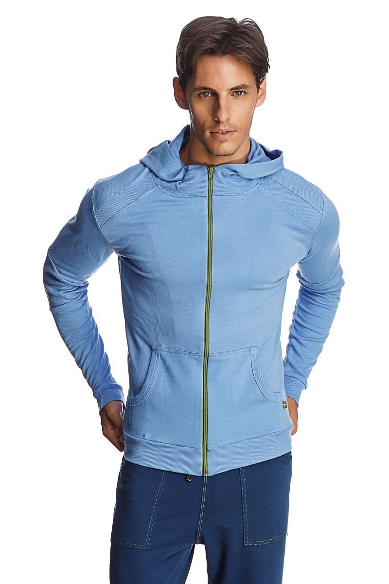 Form-fit crossover yoga track performance hoodie in ice blue with green zipper and two front pockets for active wear