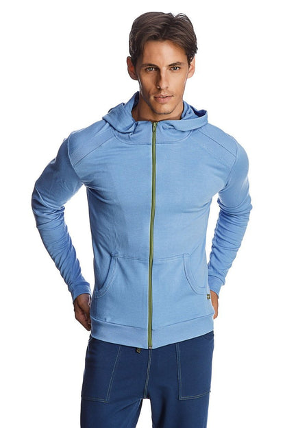 Form-fit crossover yoga track performance hoodie in ice blue with green zipper and two front pockets for active wear