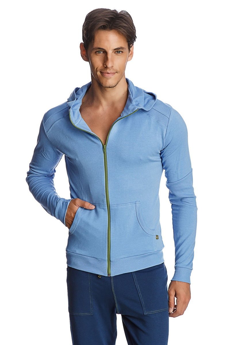 Light blue form-fit crossover yoga track performance hoodie with green zipper trim and front pockets