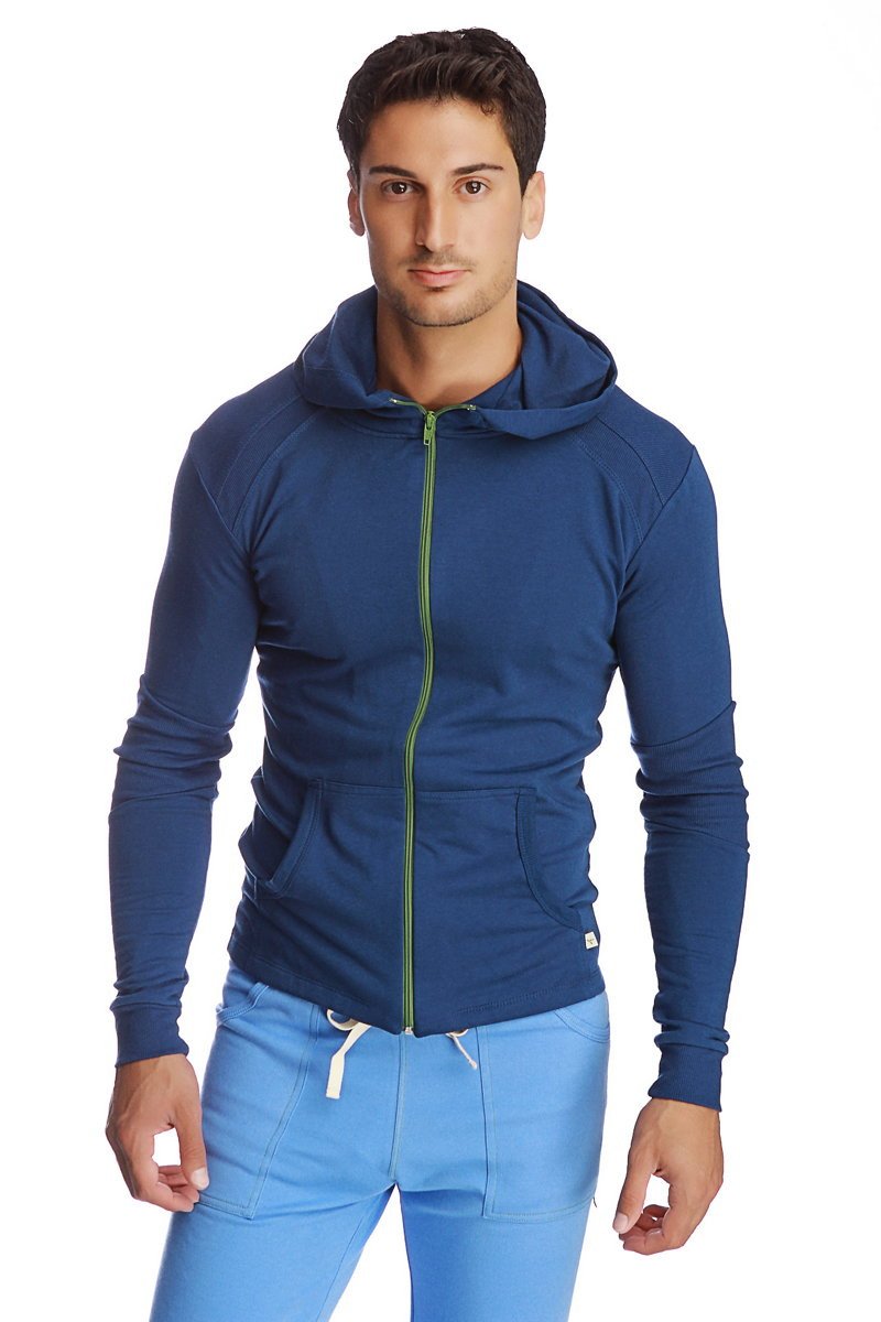 Form-fit crossover yoga track performance hoodie in navy blue with lime green zipper and white waistband drawstrings