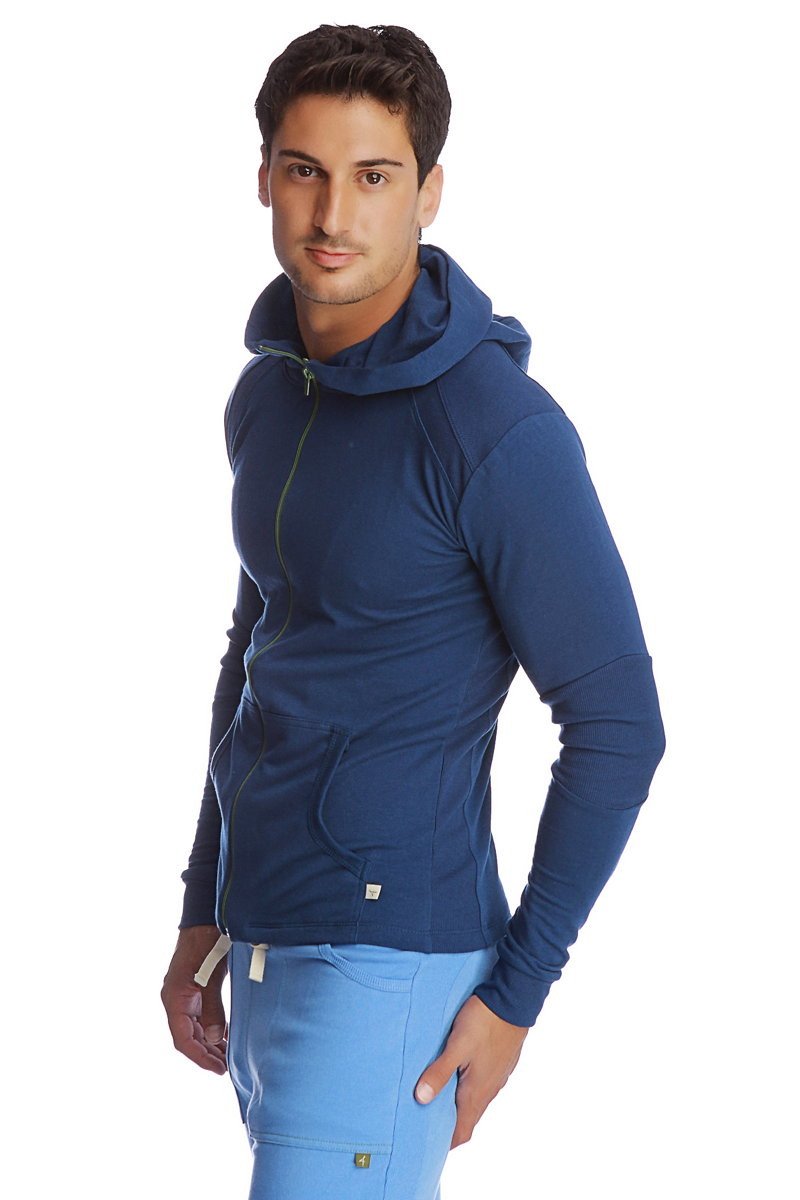 Navy blue form-fit crossover yoga track performance hoodie with zip front and subtle textured fabric with matching hood