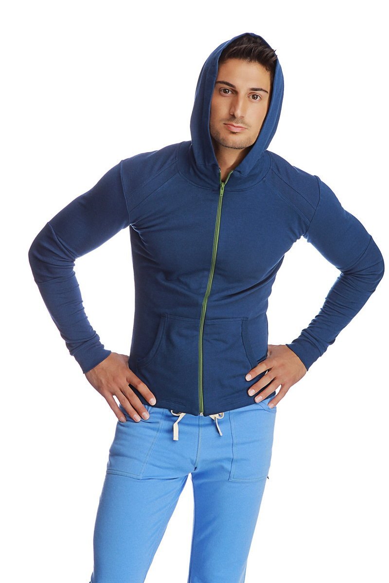 Navy blue form-fit crossover yoga track performance hoodie with lime green zipper and white drawstrings