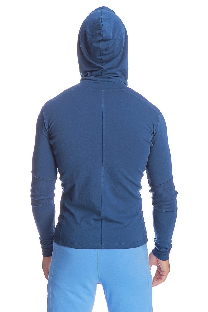 Blue hooded long-sleeve form-fit crossover yoga track performance hoodie royal showing back with central seam