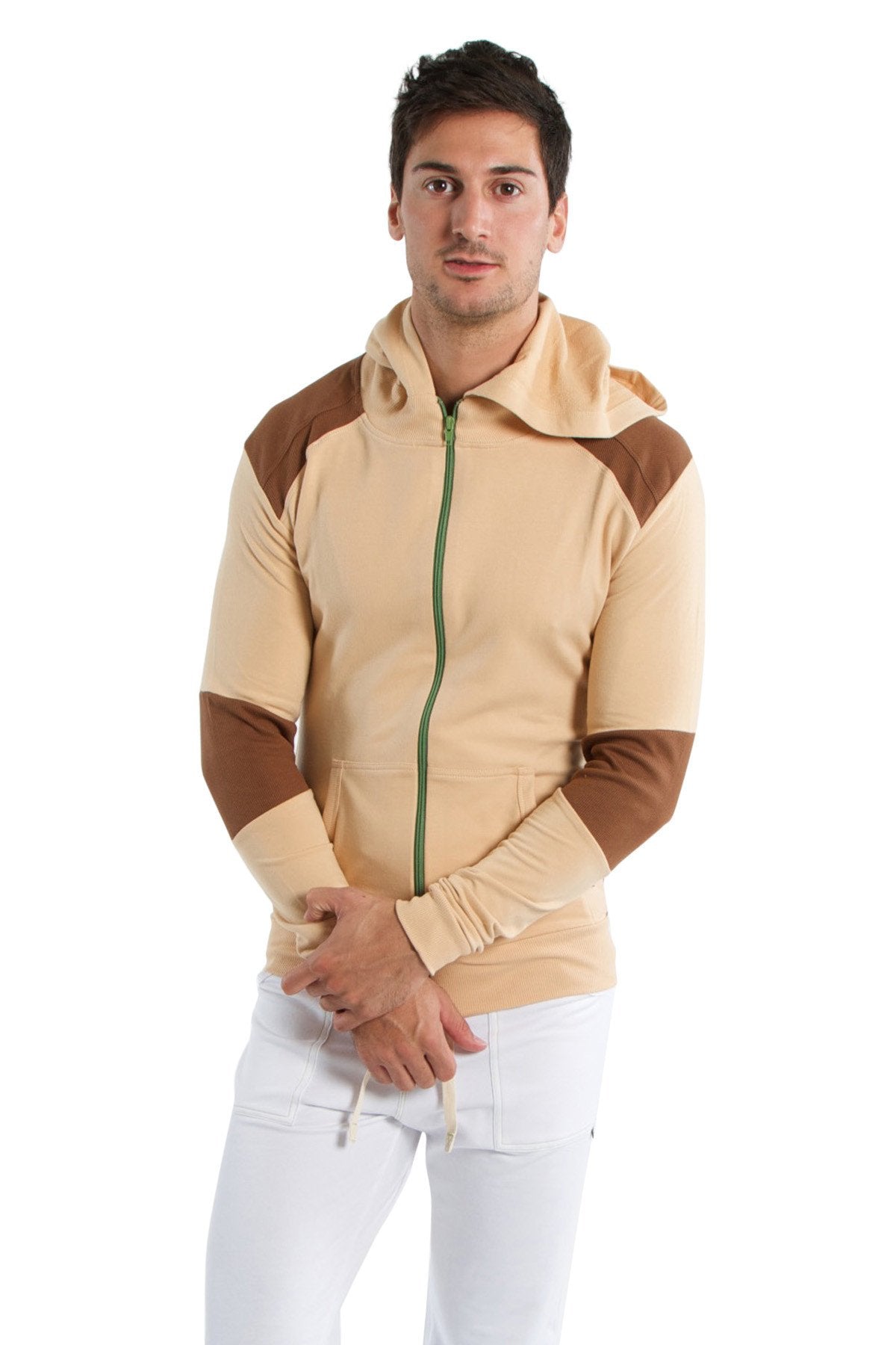 Beige and brown color-blocked form-fit crossover yoga track hoodie with green zipper for performance wear