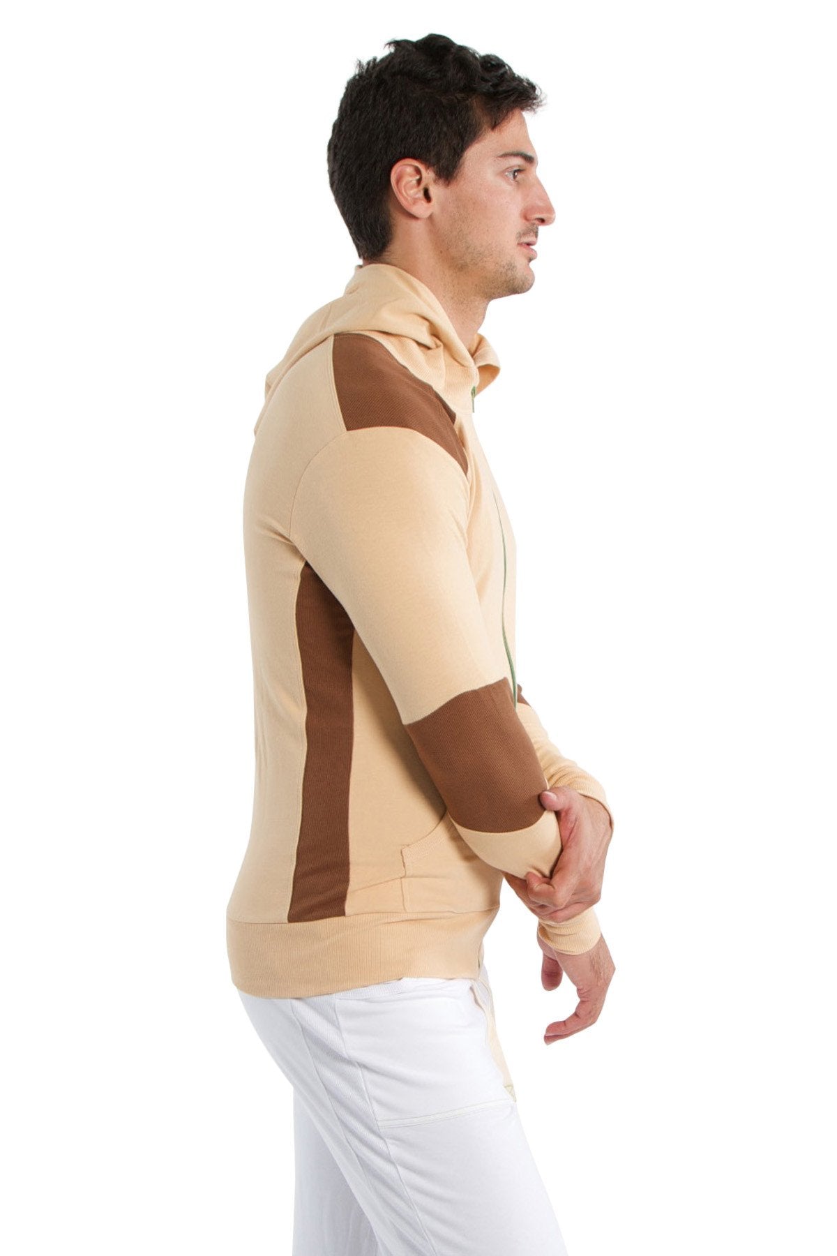 Beige and brown color-blocked form-fit crossover yoga track performance zip-up hoodie with hood and ribbed cuffs