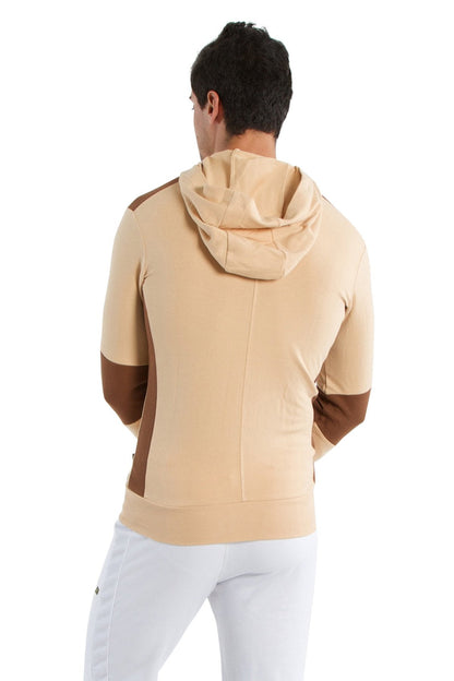 Beige and brown color-blocked form-fit crossover yoga track performance hoodie with sleek modern design