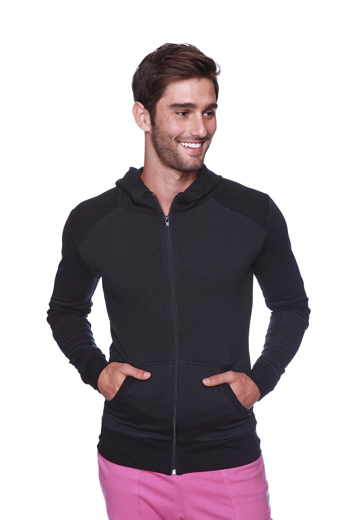 Black form-fit crossover yoga track performance hoodie with sleek athletic cut and black zipper shown with pink pants