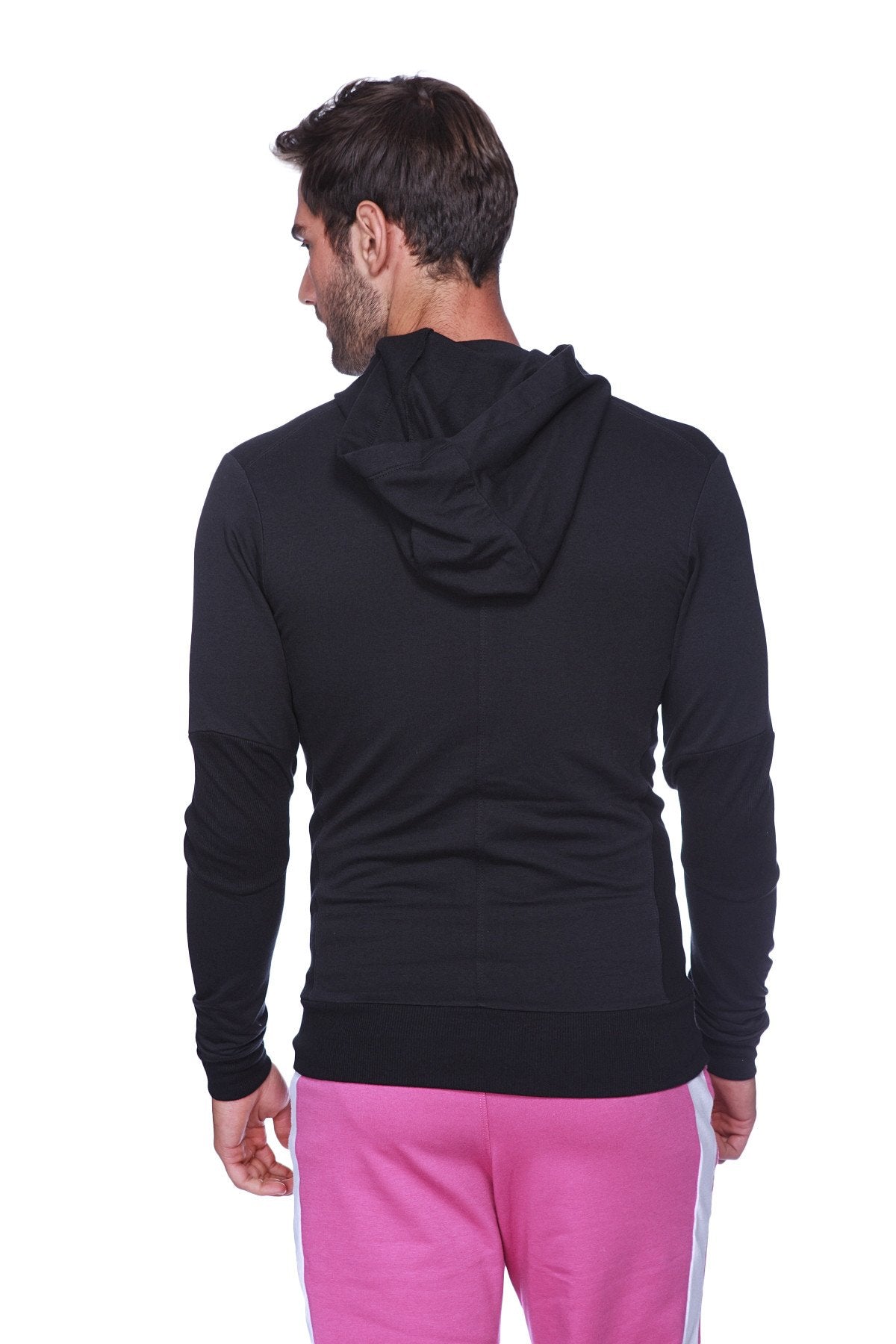 Black long-sleeved form-fit crossover yoga track performance hoodie with subtle ribbed cuffs and black zipper