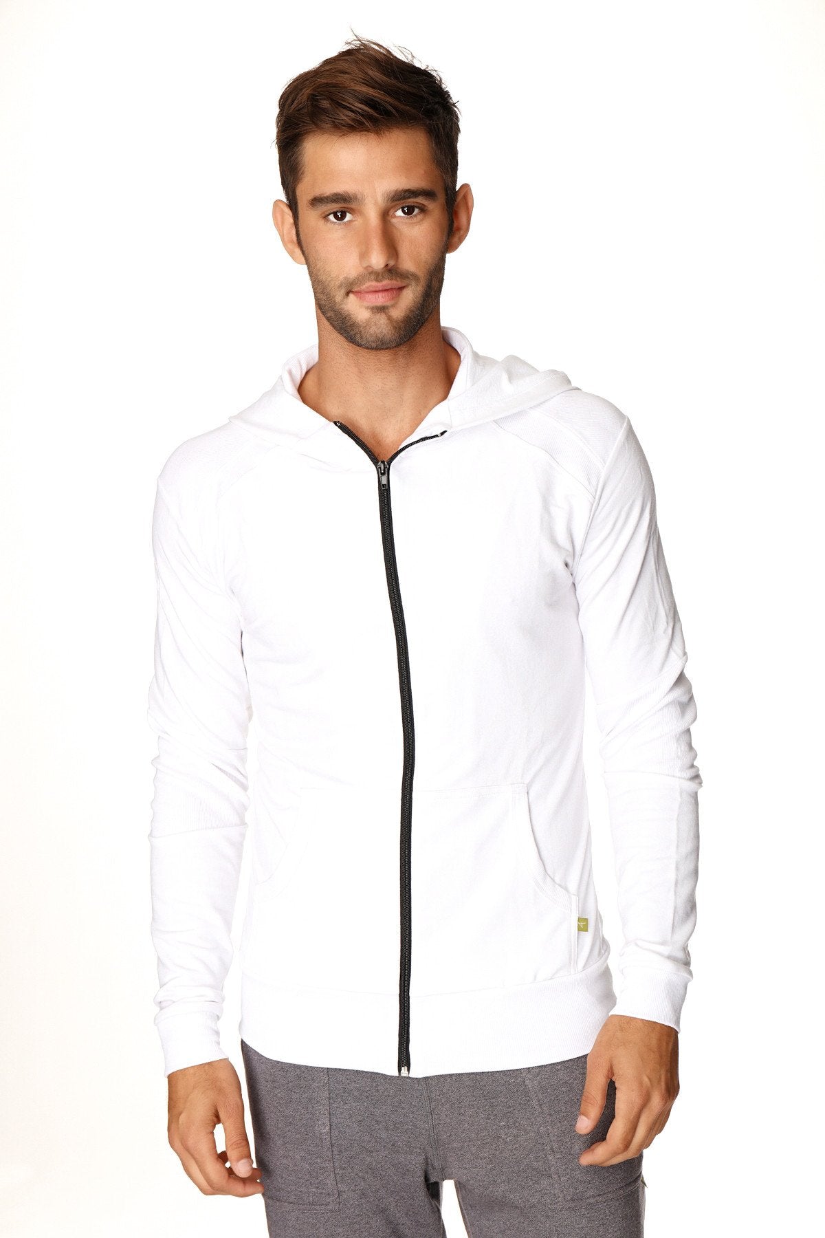 Form-fit crossover yoga track performance white hoodie with black zipper and subtle side pockets for active wear