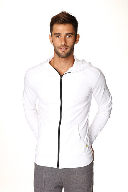 Form-fit crossover yoga track performance hoodie in white with black zipper and subtle side pockets for active wear