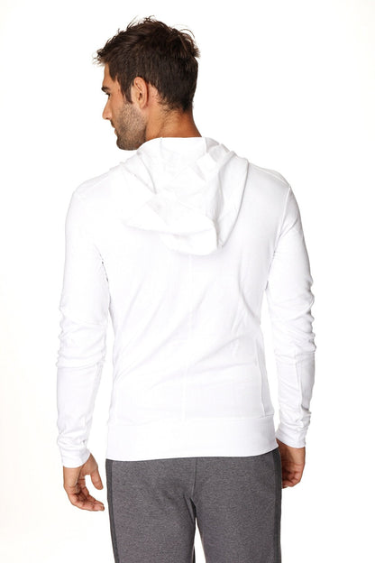 White form-fit crossover yoga track performance hoodie with black zipper soft smooth fabric and relaxed fit