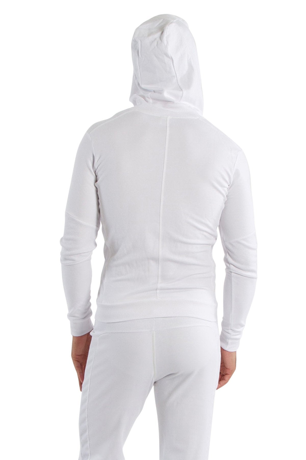 White form-fit crossover yoga track performance hoodie with green zipper sleek design and long sleeves