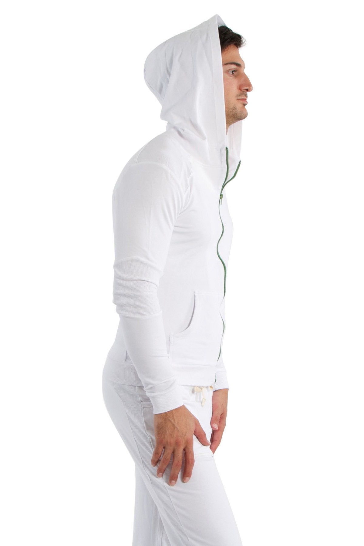 White hooded zip-up performance hoodie with subtle green zipper trim designed for yoga and track activities