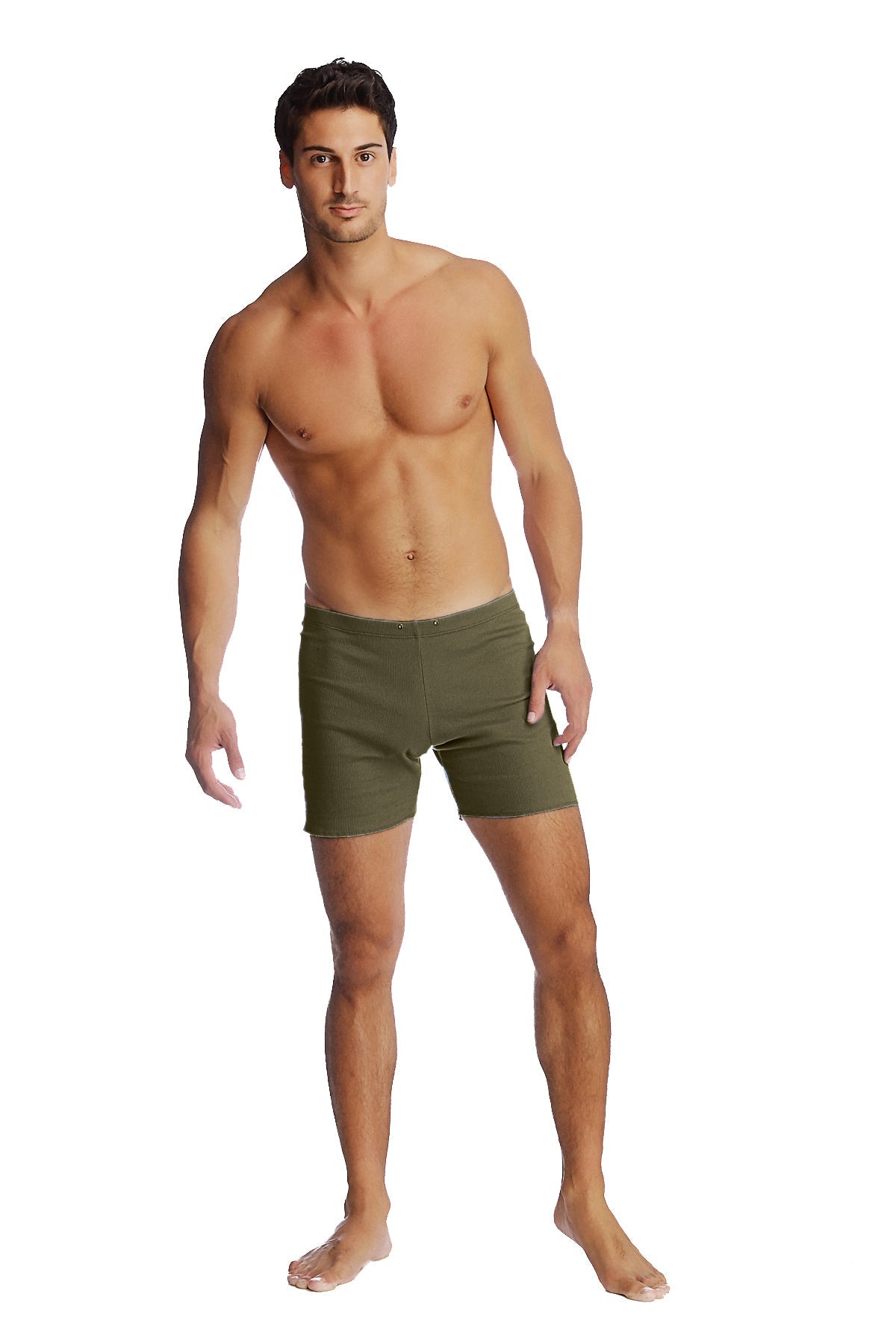 Olive green cotton briefs fusion yoga short in army green shown from the back side for activewear use