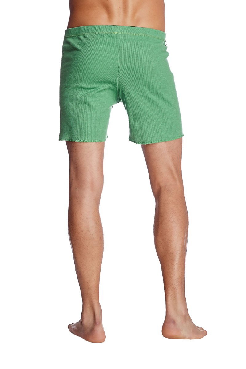 Green striped fusion yoga short swim trunks made from bamboo fabric with relaxed fit and elastic waistband