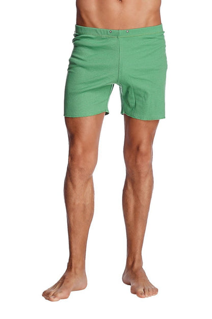 Green bamboo cotton fusion yoga shorts with relaxed fit and button closures at the waist