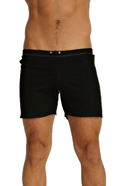 Black fusion yoga shorts with sleek minimalist design and subtle white stitching along the waistband