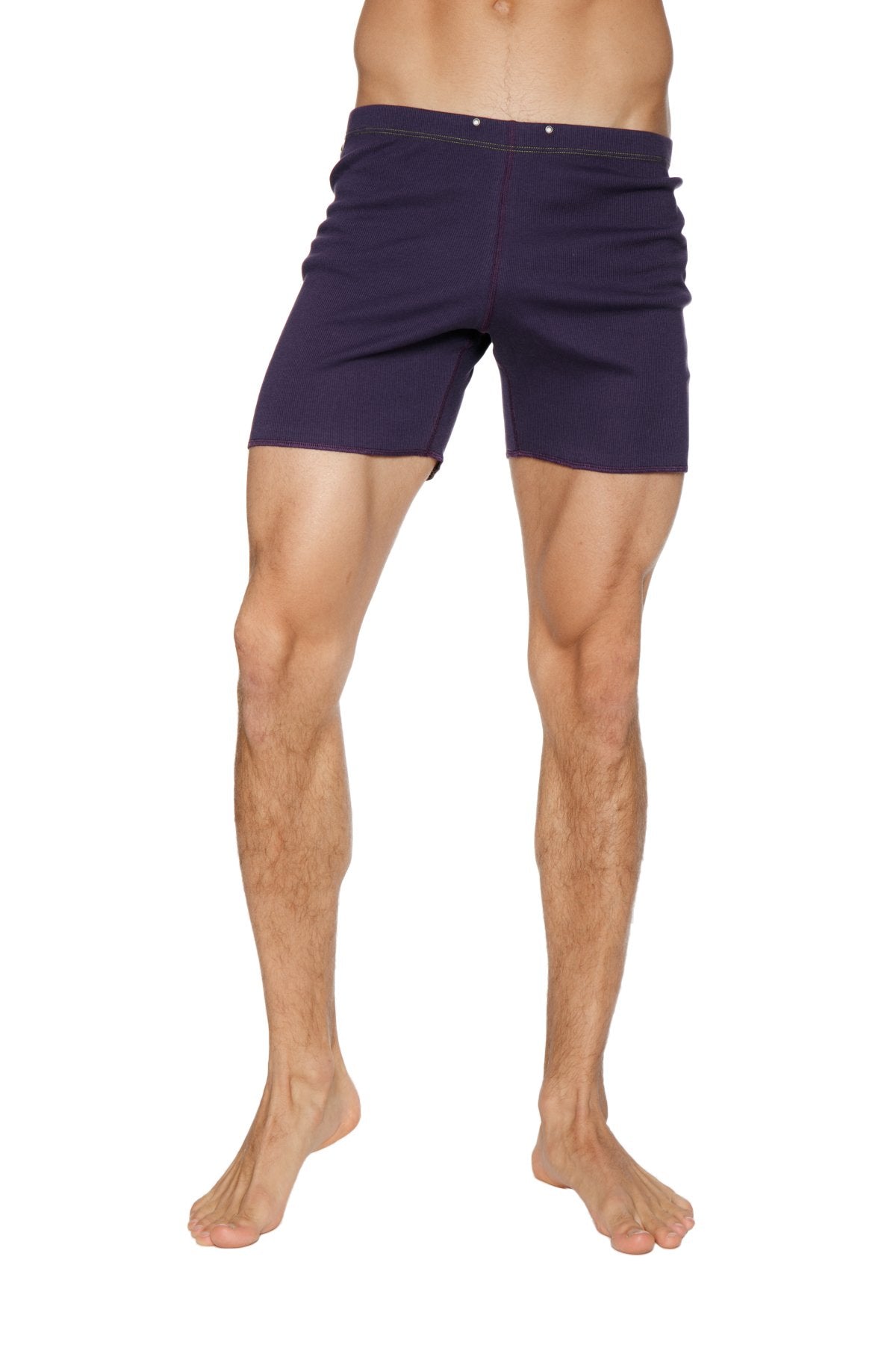 Fusion yoga short eggplant navy blue cotton shorts with tailored fit and button closure at the waist