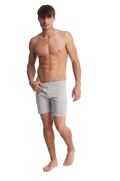 Light gray slim-fit fusion yoga shorts with heather texture designed for comfort and modern style