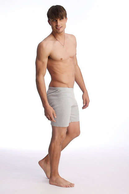 Light gray soft textured fusion yoga short men’s briefs with subtle brand logo on waistband in heather grey