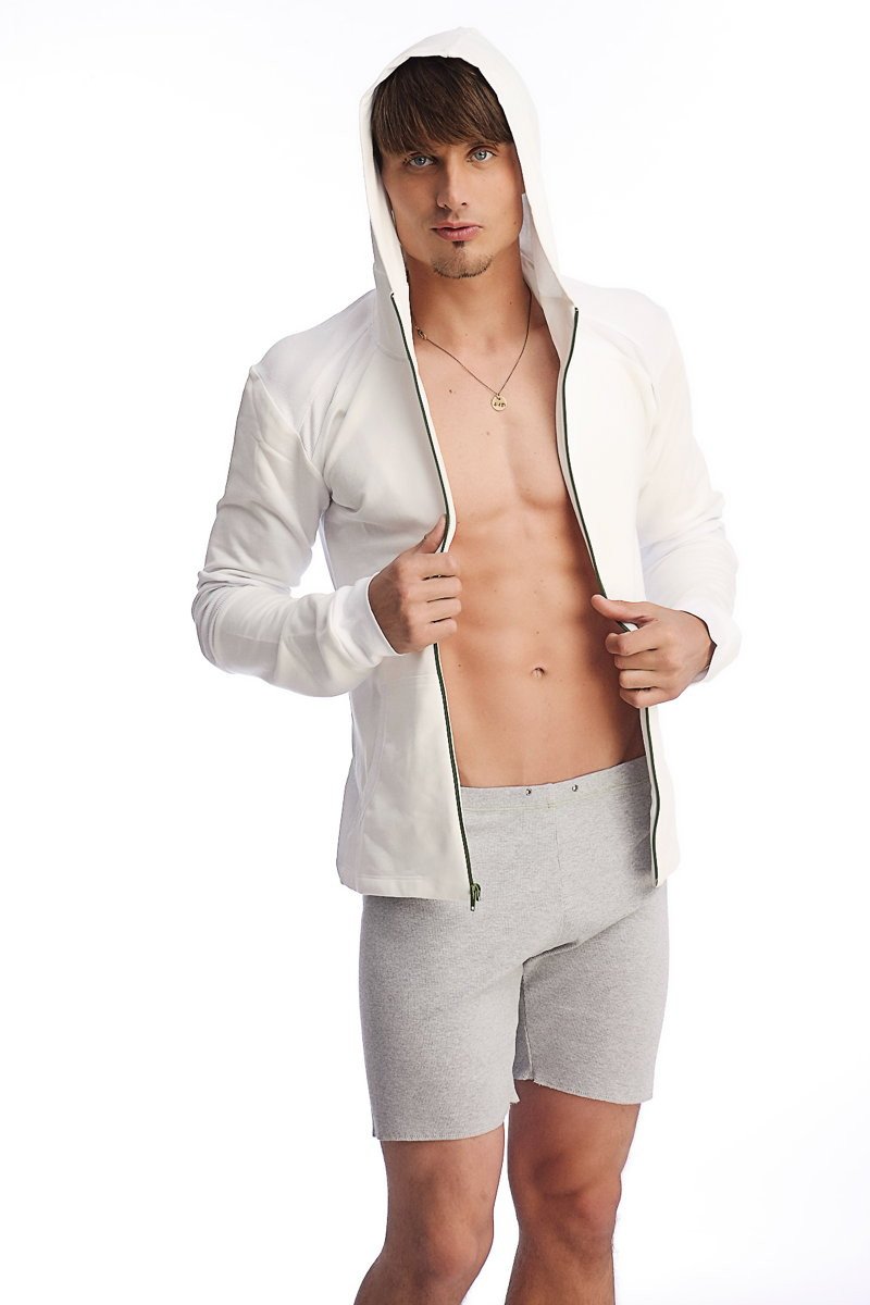 White hooded zip-up jacket with black zipper trim paired with heather grey fusion yoga shorts for activewear use
