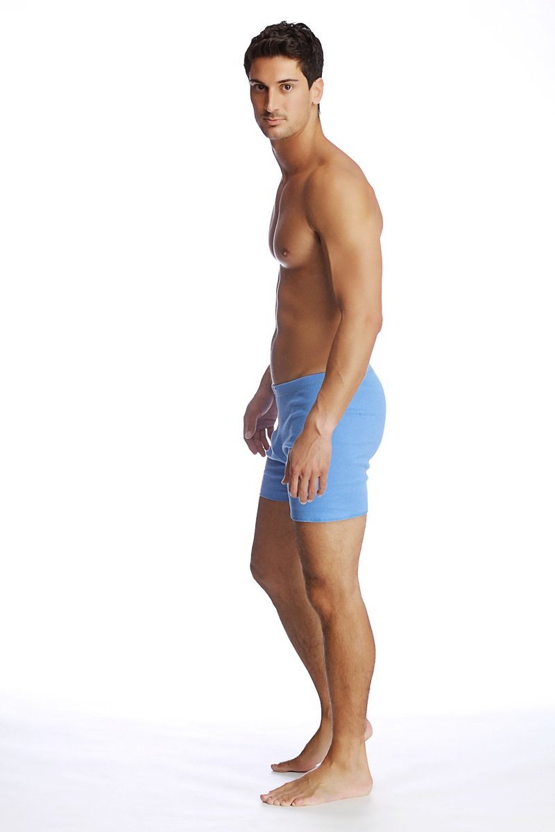 Light blue form-fitting fusion yoga short boxer briefs designed for comfort and flexibility during exercise