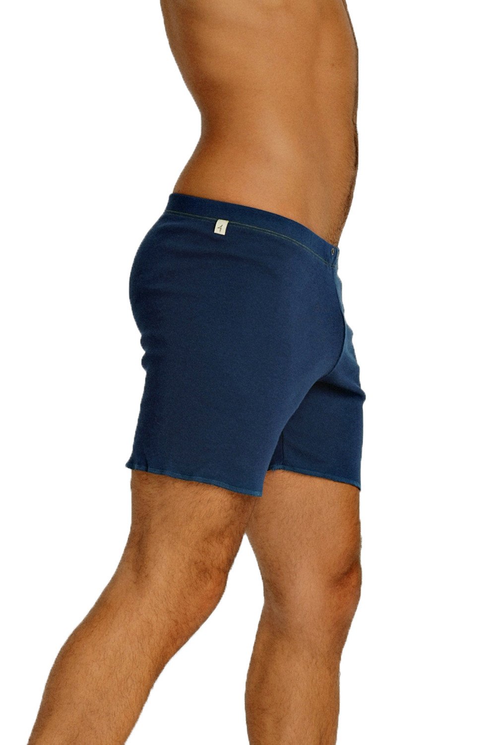 Fusion yoga short royal blue cotton shorts with subtle elastic waistband and small white brand tag shown from back side