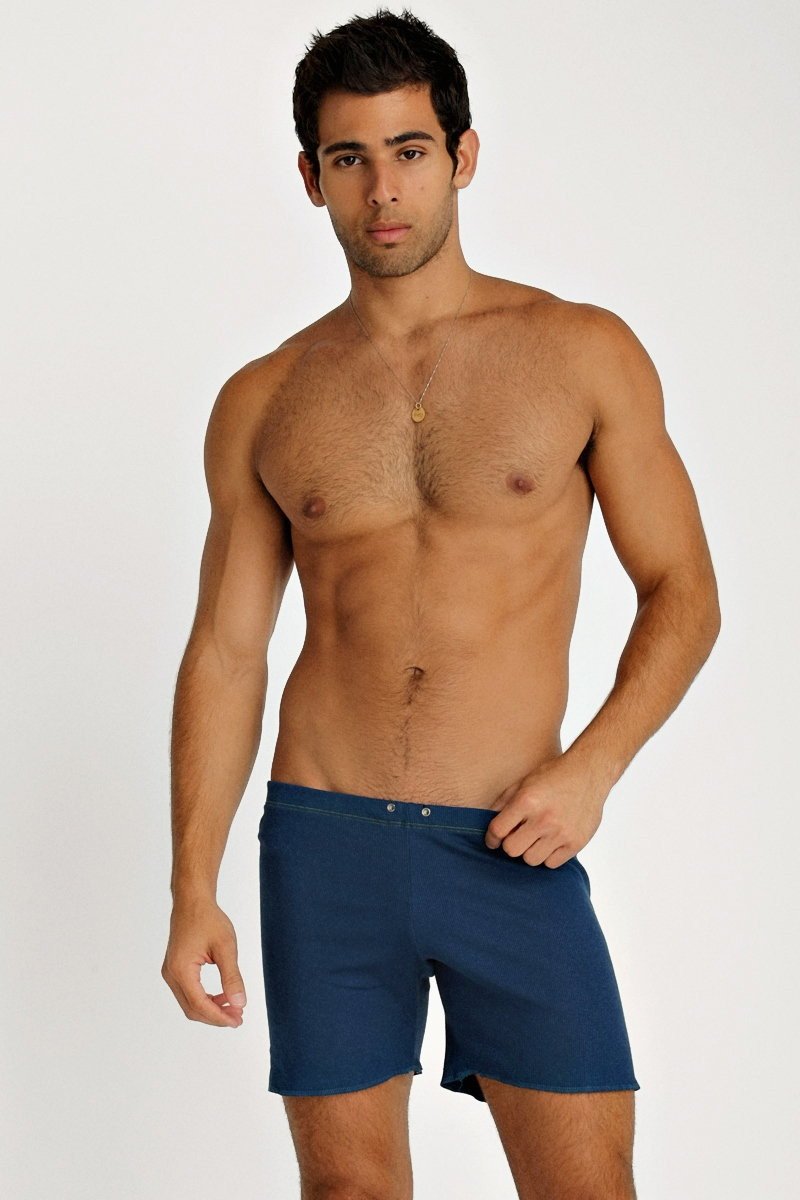 Fusion yoga short royal blue swim trunks with simple design and two silver-toned buttons at waistband