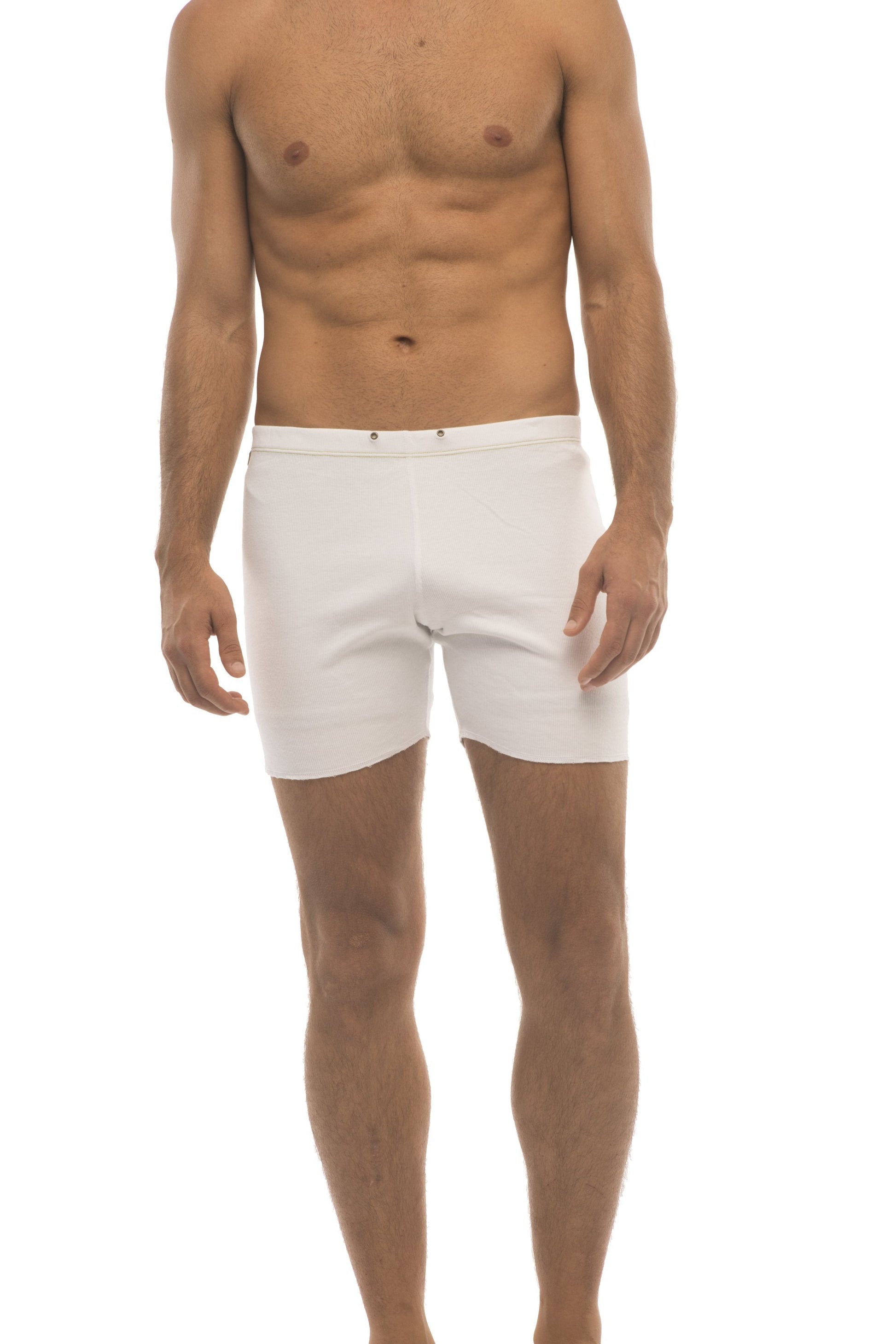 White fusion yoga short swim trunks with minimalist design and subtle stitching details for men