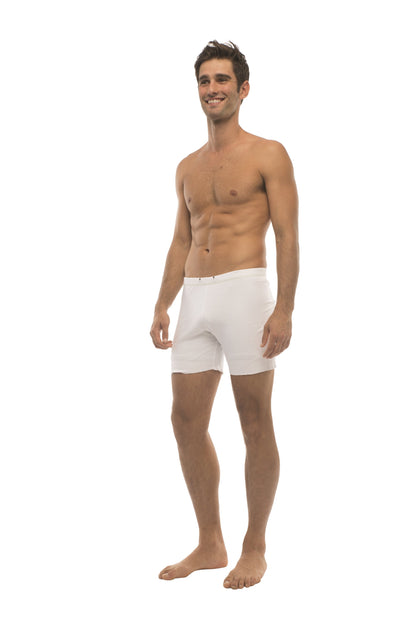 White fusion yoga short men’s briefs with smooth form-fitting design for comfort and support
