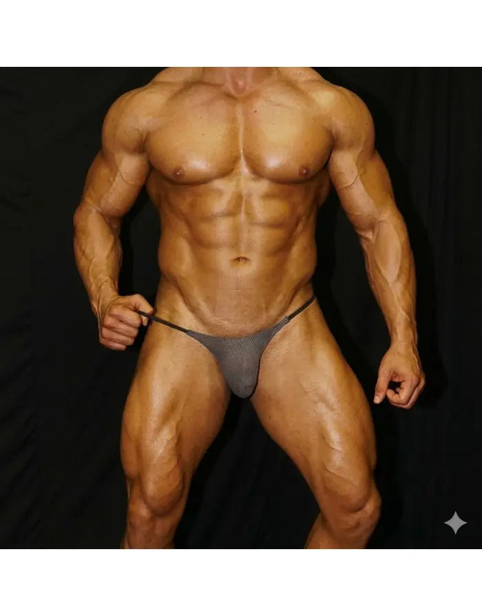 Grey mesh thong G-string by Arroyman featuring a minimal design and elastic waistband worn by a model.