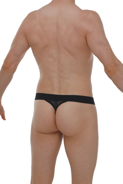 Black g-string chanac durtol with mesh panel and small embellishments shown from the back side