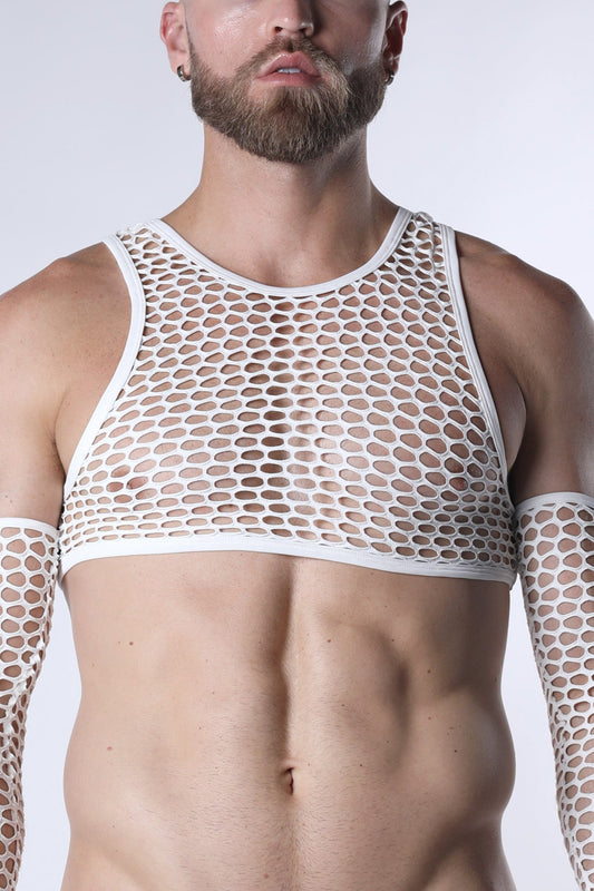 A person wears a white mesh cropped tank top with matching arm sleeves.