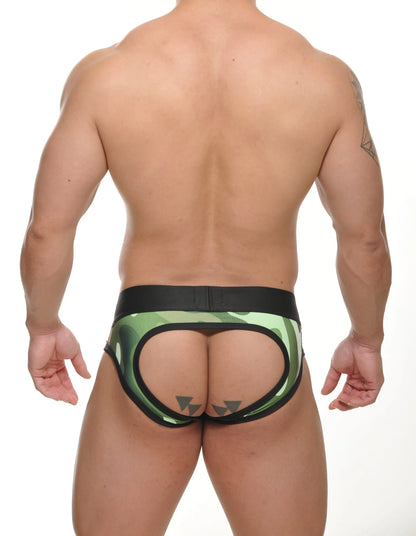 Green camouflage pattern gallo open back jock brief with black waistband and cutout design shown from the back side