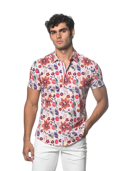 A vibrant white garden print stretch knit shirt with bold red orange and purple floral patterns and short sleeves