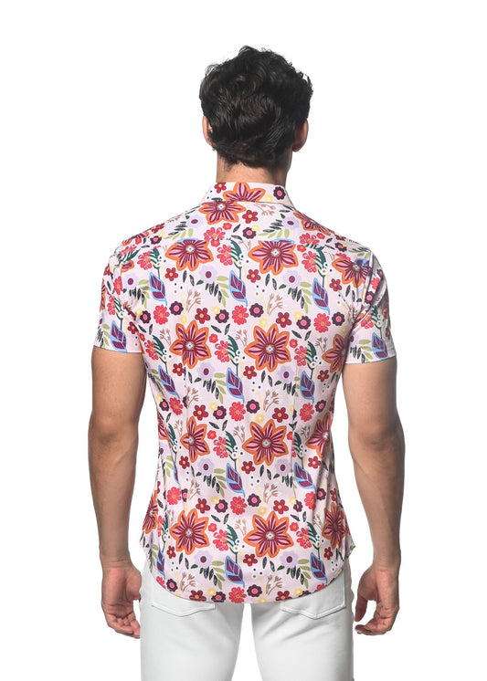 A garden print stretch knit shirt in white with vibrant red and purple floral pattern and green leaves