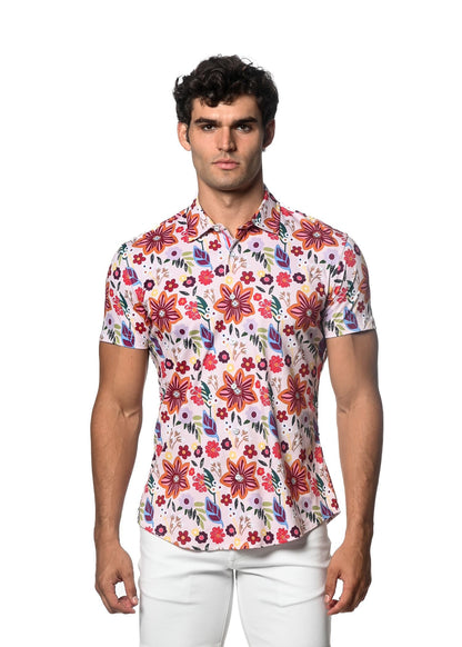 A vibrant garden print stretch knit shirt in white with bold red orange and purple floral patterns and short sleeves