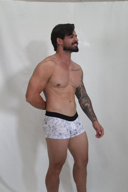 White boxer briefs with black outlined figure illustrations and solid black waistband from gay karmasutra trunk collection