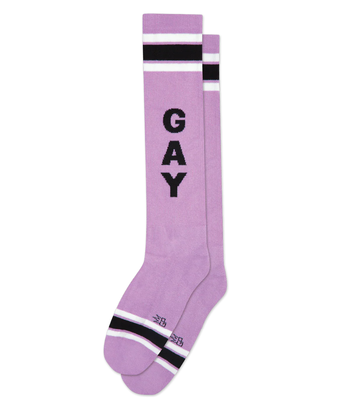 Lavender knee high socks with bold black gay lettering and white and black striped accents for casual wear