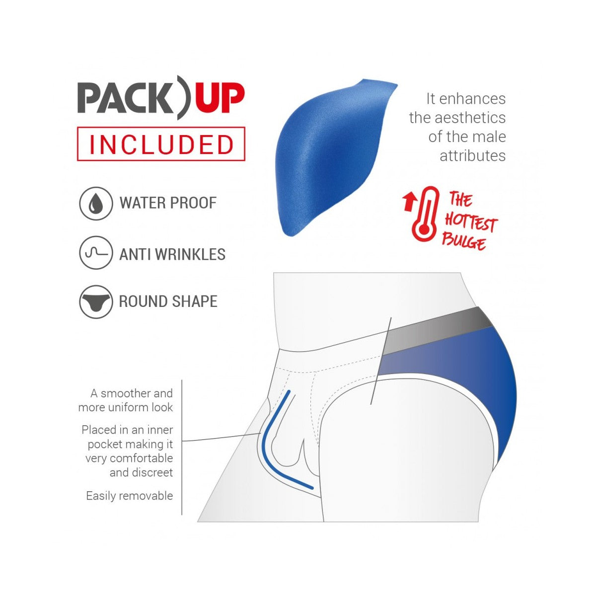 Blue packup brand men’s underwear insert with rounded shape and water-resistant design for ghana swim brief