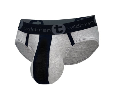 WildmanT grey and black cotton brief with a contoured pouch, black contrast trim, and a branded logo waistband.