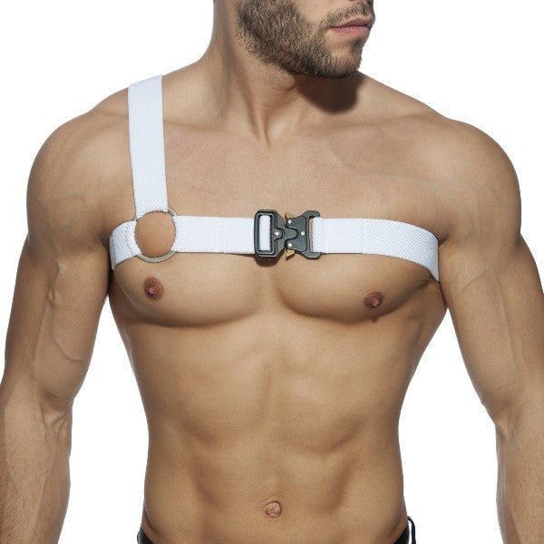Gladiator clip harness with white webbing, black plastic buckle, and circular metal ring for secure fastening