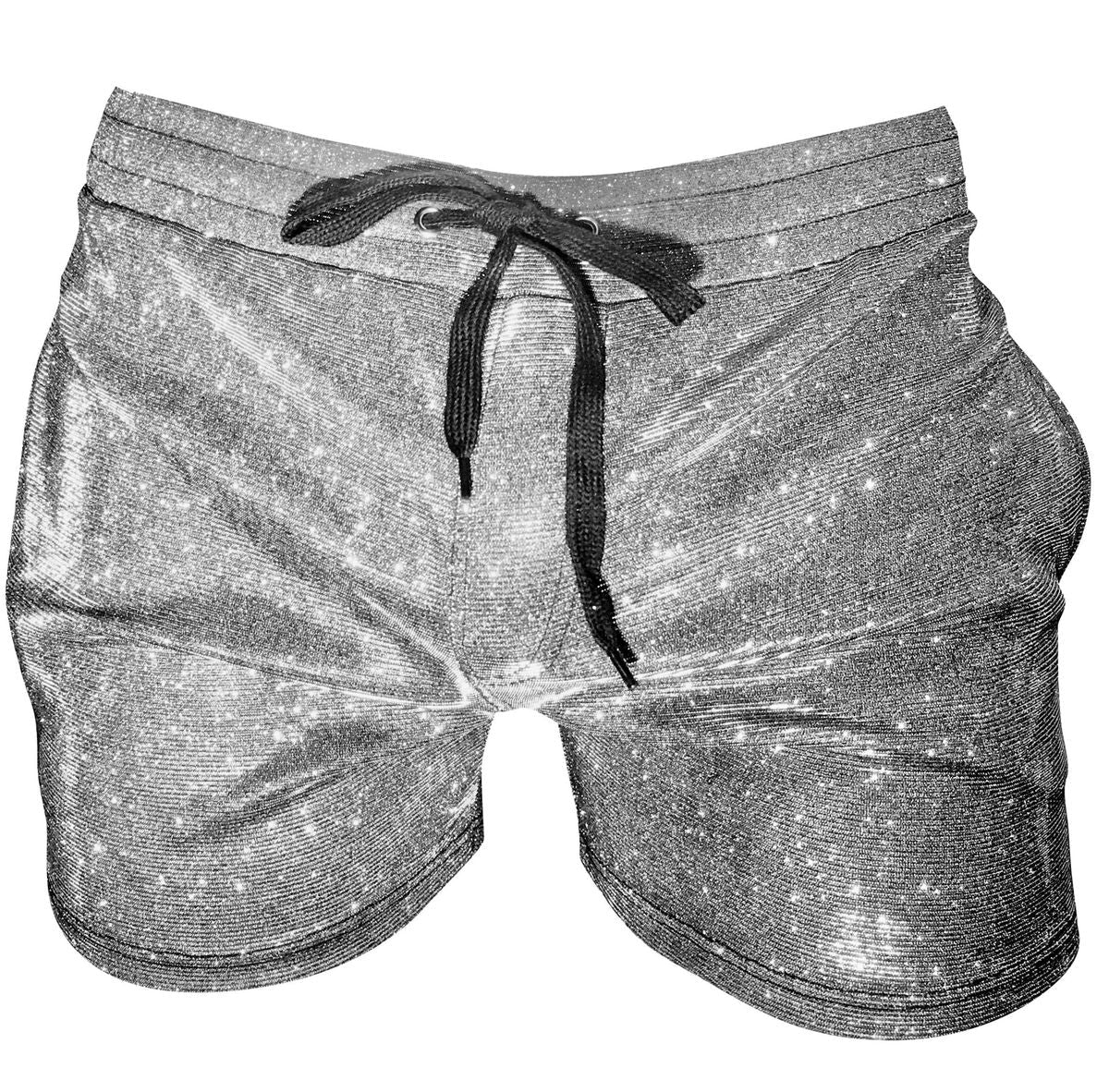Glitter booty short shiny silver star-patterned shorts with black drawstring waistband for festive wear