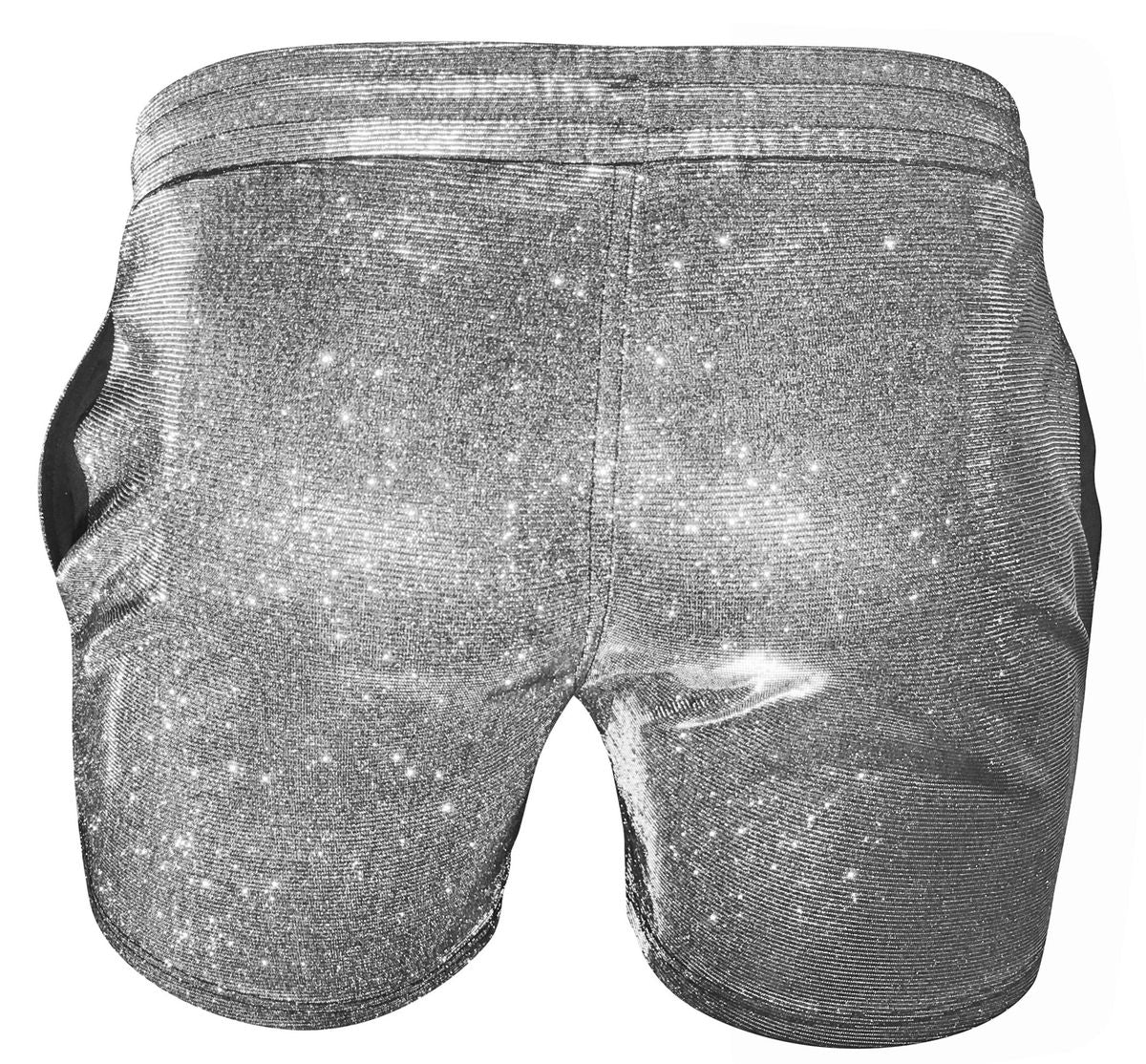 Sparkling silver glitter booty short with sequined textured fabric and elastic waistband for festive wear