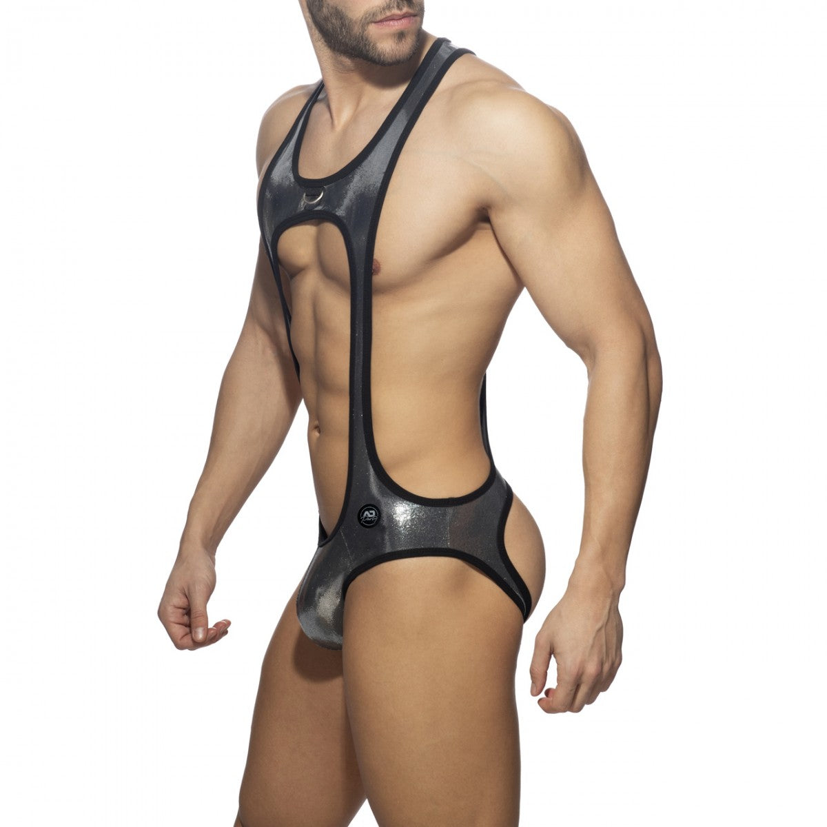 Black and silver metallic glitter bottomless bodysuit with sleek form-fitting design and shiny fabric